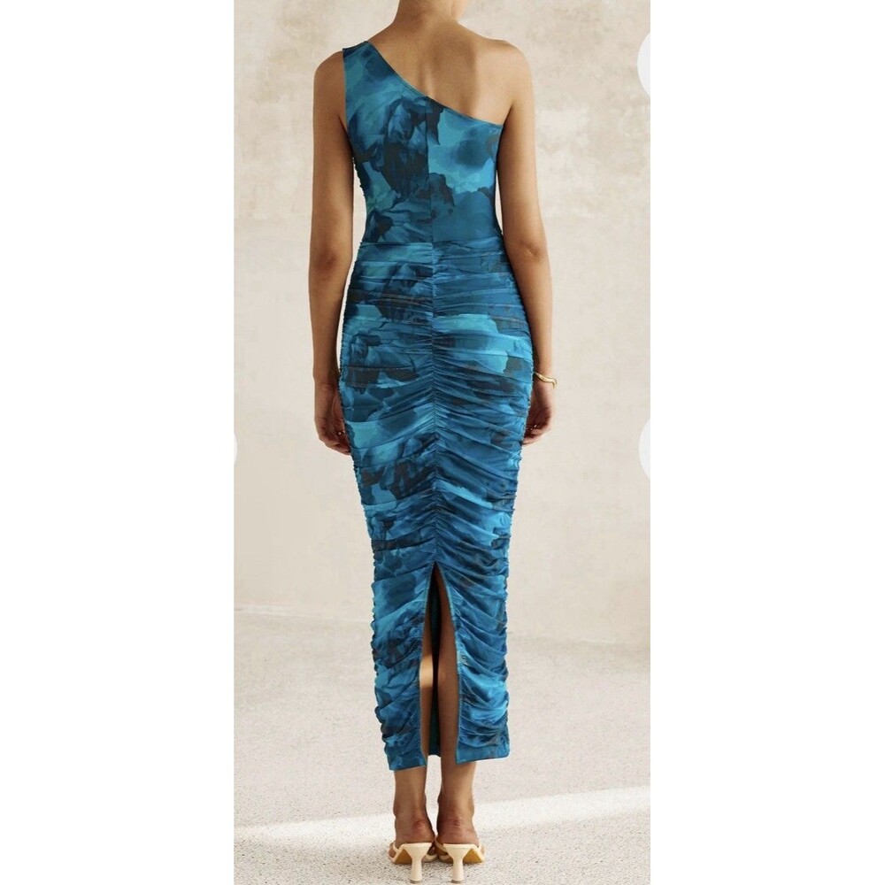 PRETTYGARDEN Blue Floral One Shoulder Mesh Ruched Bodycon Dress Medium
